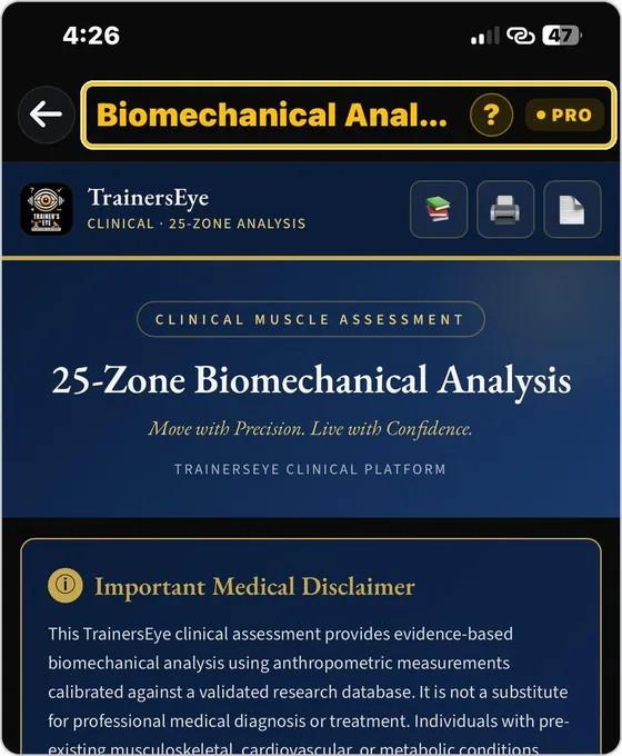 TrainersEye Biomechanical Analysis screen: Physiotherapists