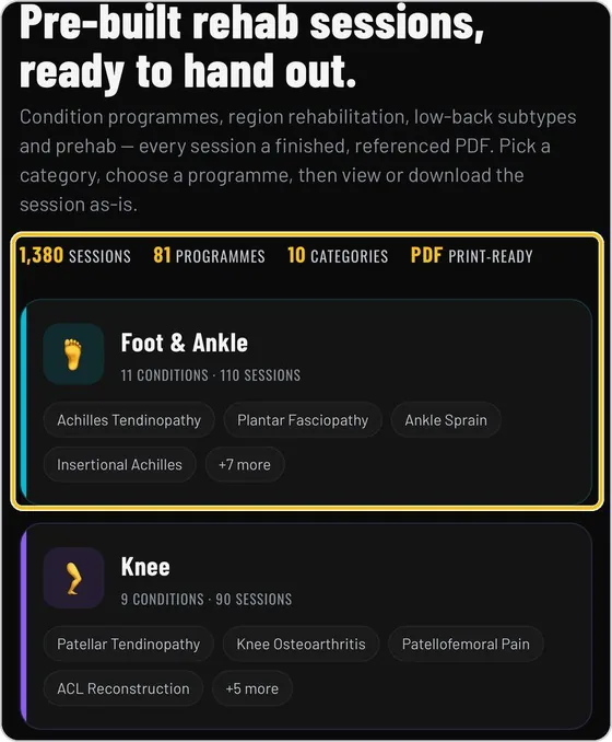 TrainersEye Clinical Rehab Sessions screen: Rehab plans