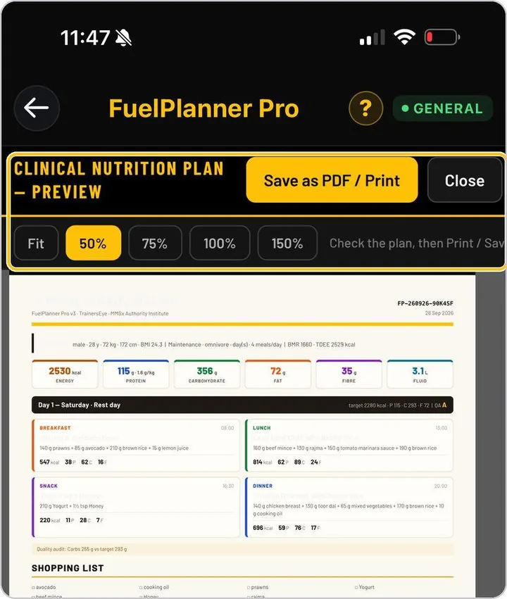 TrainersEye FuelPlanner Pro finished output preview