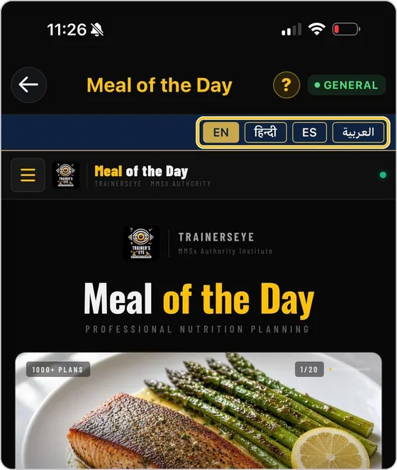 TrainersEye Meal of the Day screen: Nutrition planning