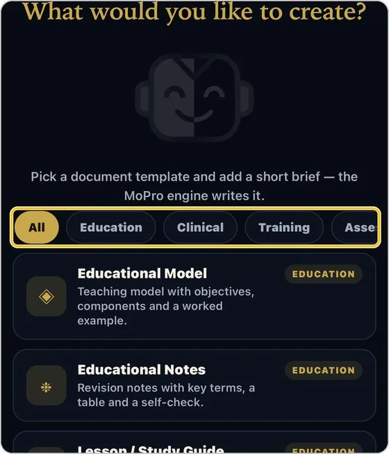 TrainersEye MoPro Create screen: Documents and reports