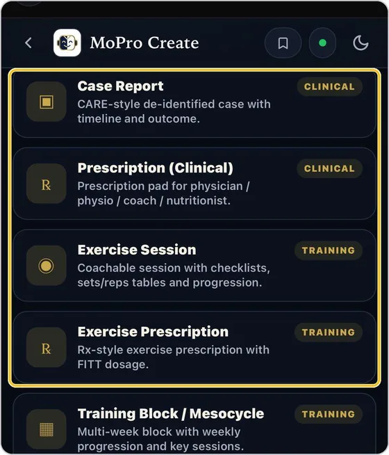 TrainersEye MoPro Create screen: Documents and reports