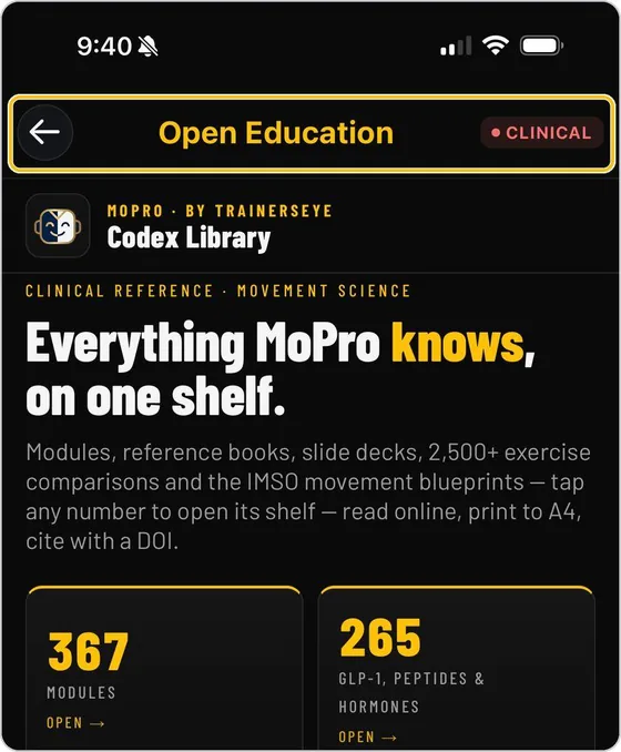 TrainersEye Open Education screen: EMG and exercise reference