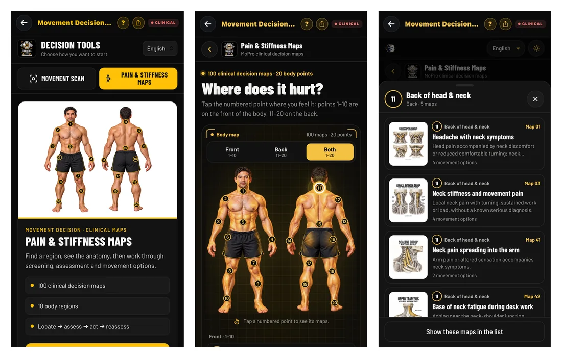 TrainersEye Pain and Stiffness Maps on iPhone: the Movement Decision Tool hub, the 20-point body map and the list of clinical decision maps