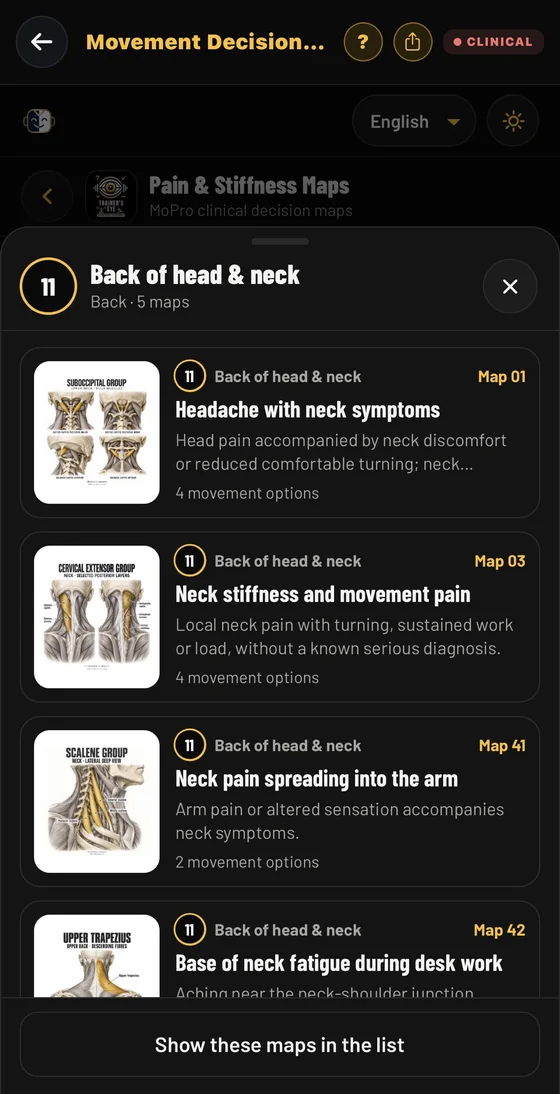 TrainersEye Movement Decision Tool screen: Pain & stiffness maps