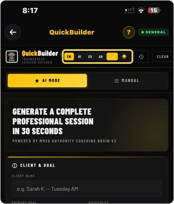 TrainersEye QuickBuilder screen: Session builder