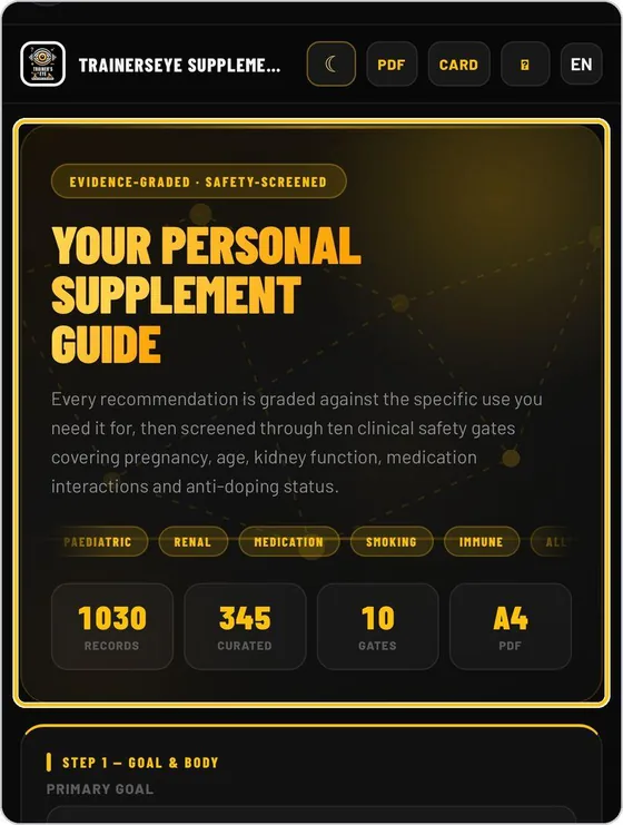 TrainersEye Supplement Engine screen: Nutrition planning