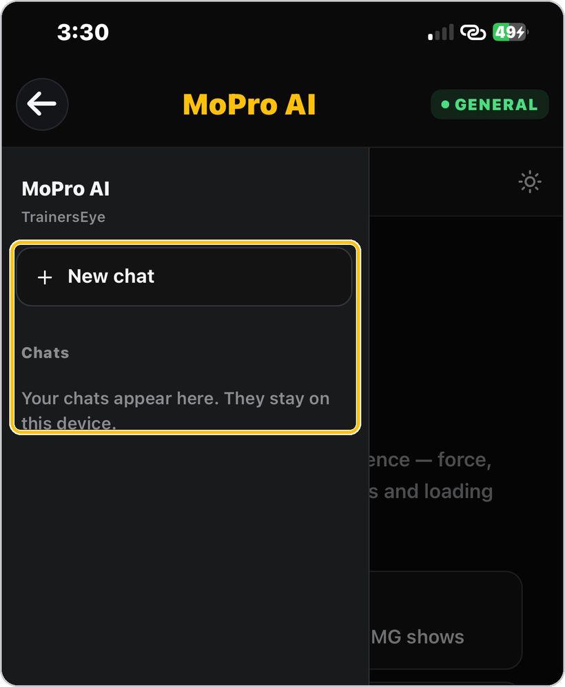 MoPro AI · New chat, your chats, back