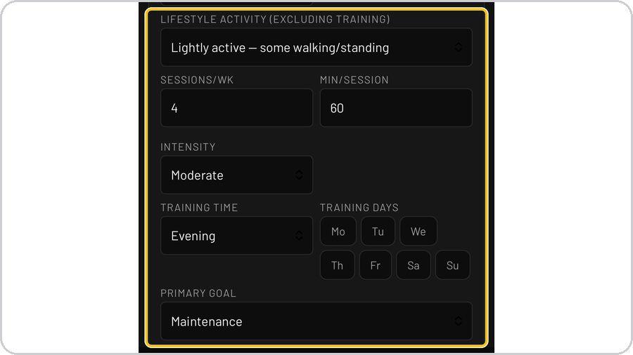 FuelPlanner Pro · Activity, training and goal