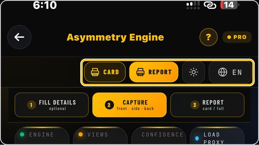 Asymmetry Engine · Card, Report, look and language