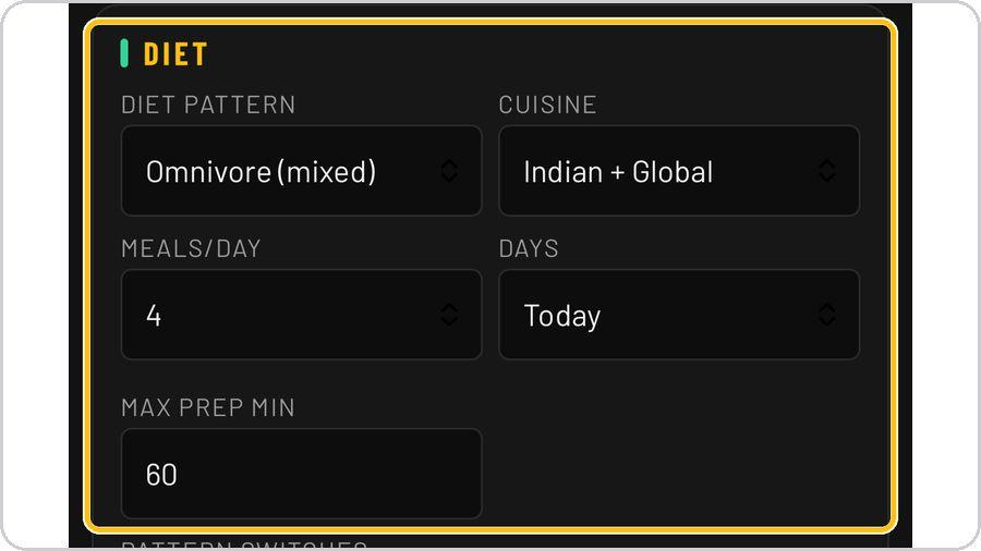 FuelPlanner Pro · Diet pattern and cuisine