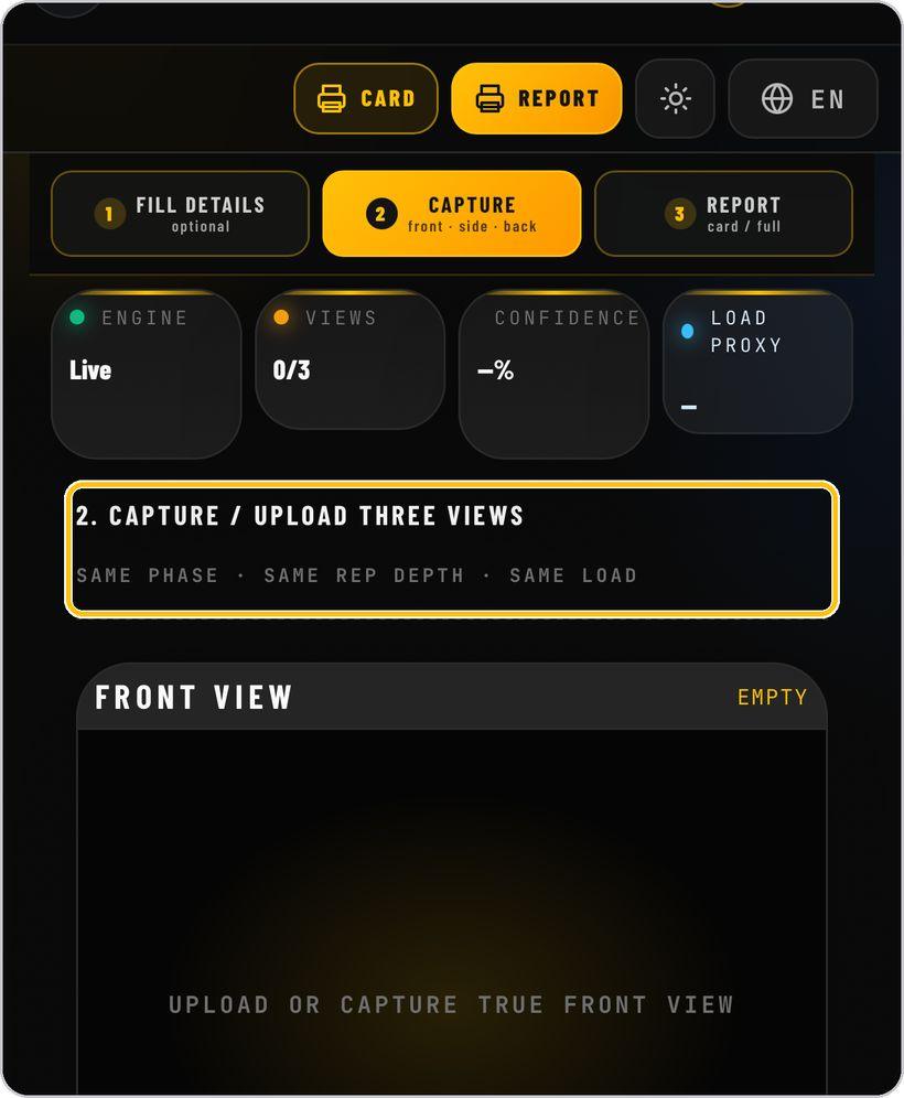 Asymmetry Engine · Capture three views — same phase, same depth, same load