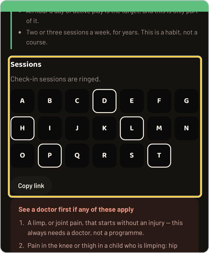 Clinical Rehab Sessions · Sessions A to T