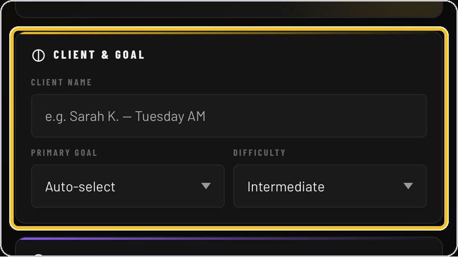 QuickBuilder · Name the client and set the goal