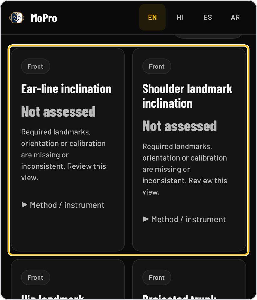Clinical Posture Screening · The measurement cards