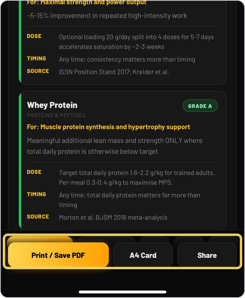 Supplement Engine · Print / Save PDF, A4 Card, Share