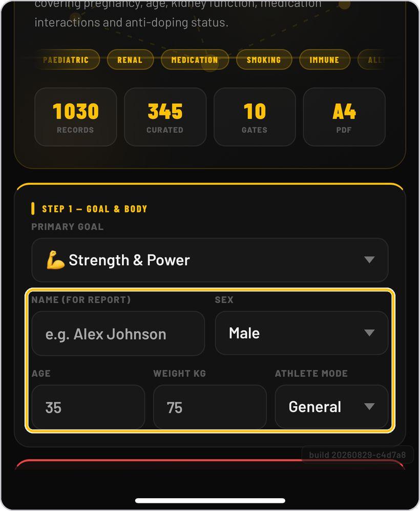 Supplement Engine · Name, sex, age, weight, athlete mode