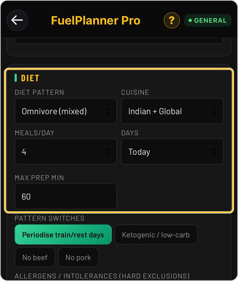 FuelPlanner Pro · Diet pattern and cuisine