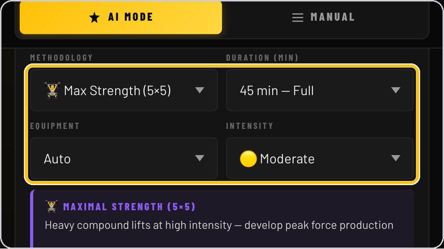 QuickBuilder · Set time, equipment and intensity