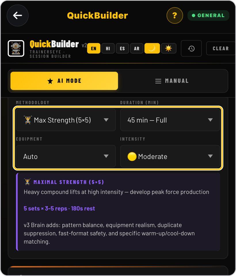 QuickBuilder · Set time, equipment and intensity
