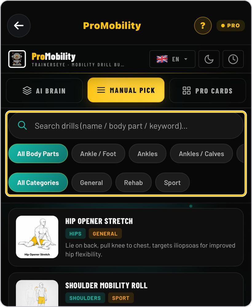 ProMobility · Manual Pick — search and filter