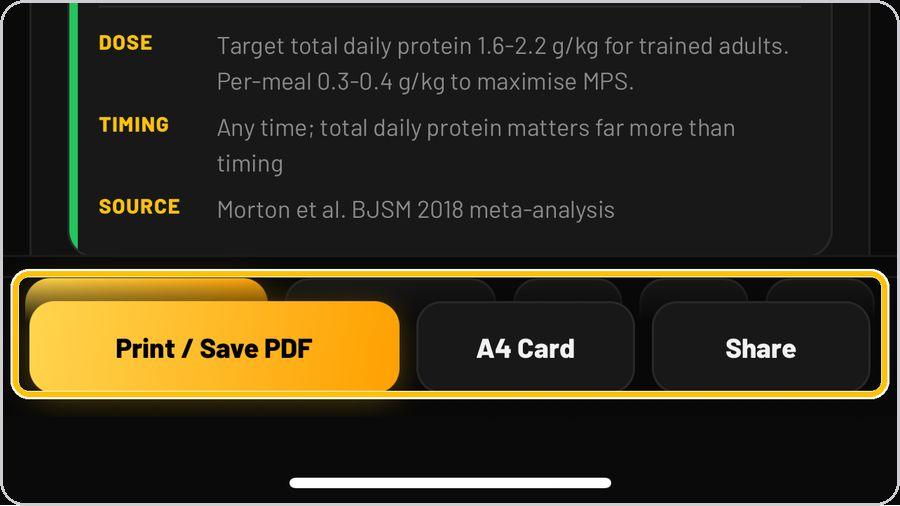 Supplement Engine · Print / Save PDF, A4 Card, Share