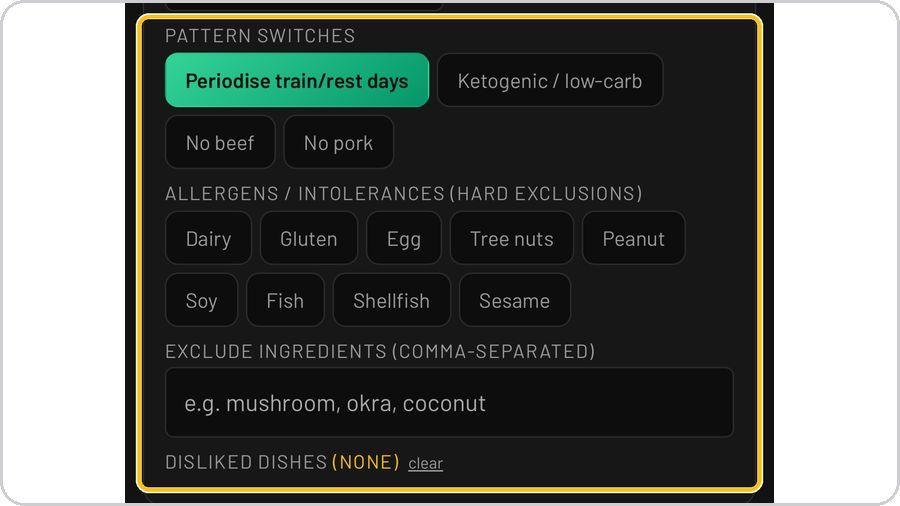 FuelPlanner Pro · Switches, allergens and exclusions