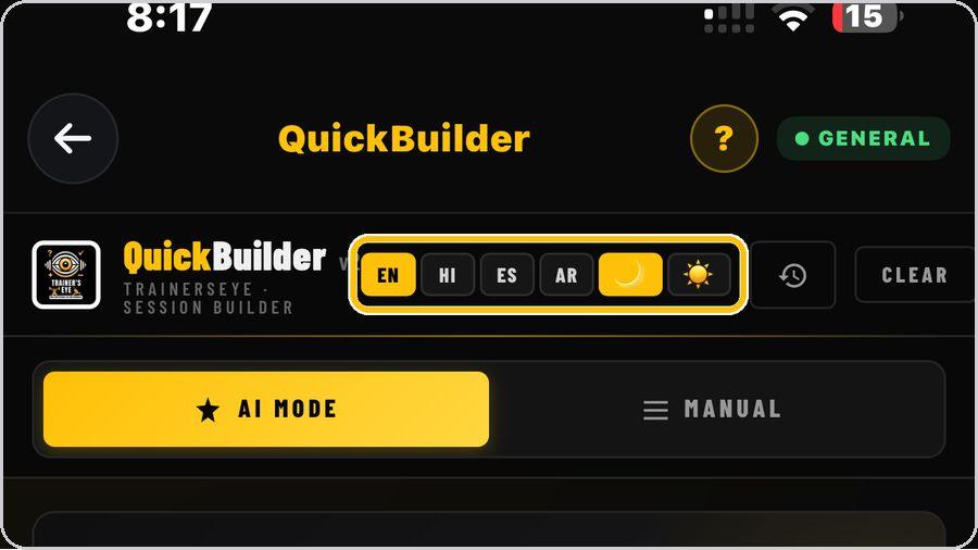 QuickBuilder · Choose your language and look