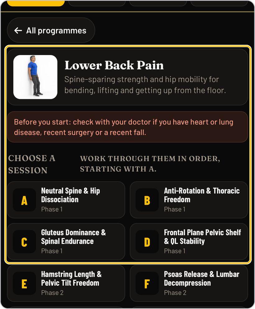 Clinical Rehab Sessions · A senior programme and its sessions