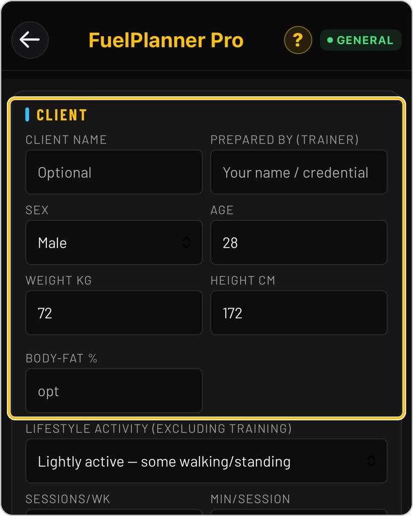 FuelPlanner Pro · Enter the client