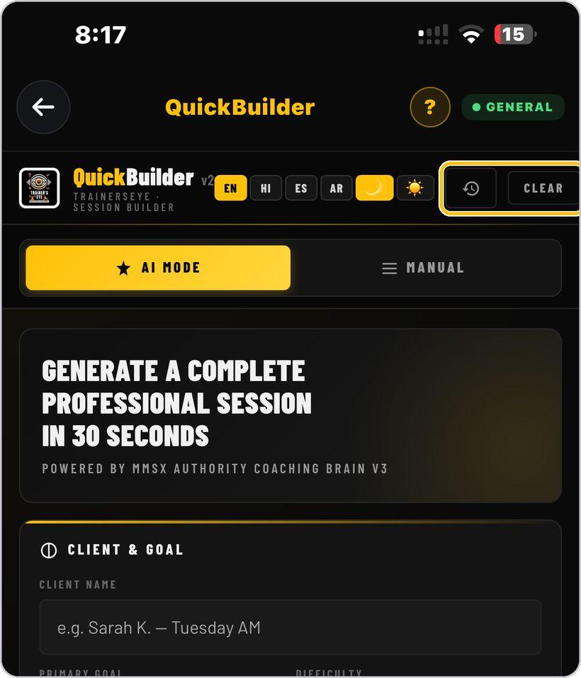 QuickBuilder · Start again or bring back a session