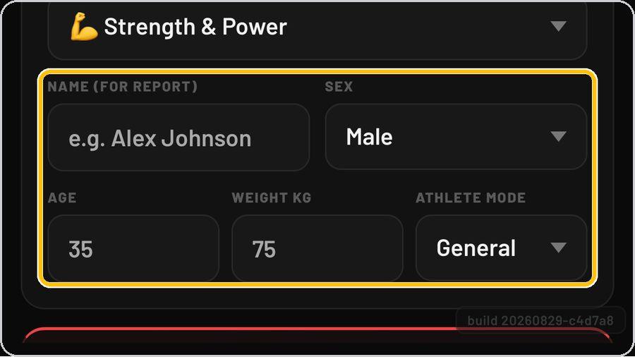 Supplement Engine · Name, sex, age, weight, athlete mode