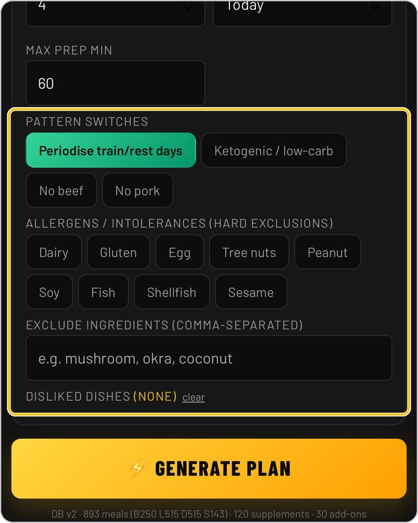 FuelPlanner Pro · Switches, allergens and exclusions
