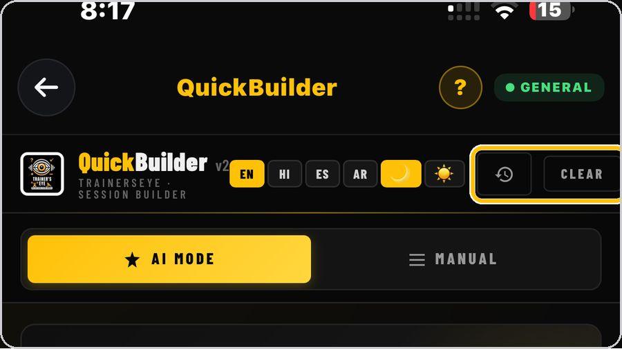 QuickBuilder · Start again or bring back a session