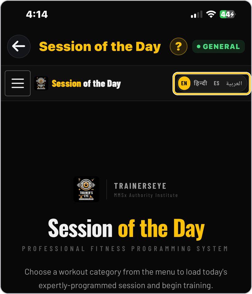 Session of the Day · Choose your language