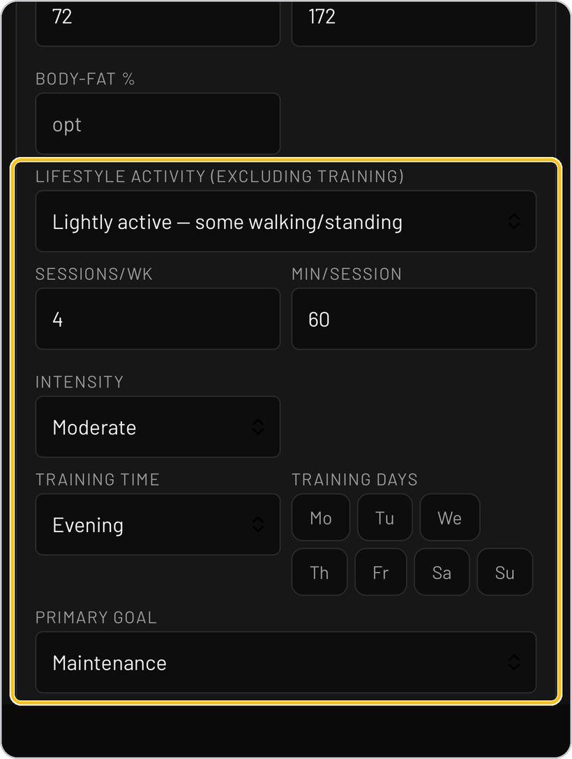 FuelPlanner Pro · Activity, training and goal