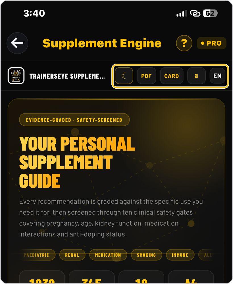 Supplement Engine · Look, PDF, Card, help, language
