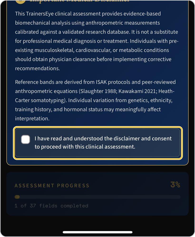 Biomechanical Analysis · Read and accept the disclaimer